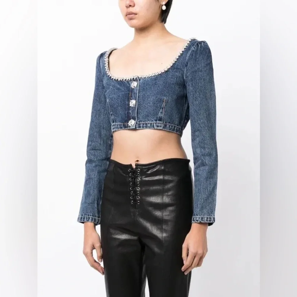 SELF-PORTRAIT Crystal-Embellished Denim Top Size 6 NWT - Picture 3 of 13